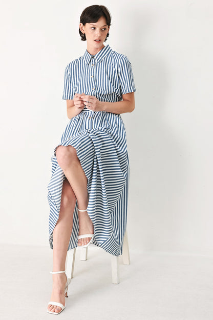 COASTAL MUSE STRIP WOVEN MIDI SHIRT DRESS