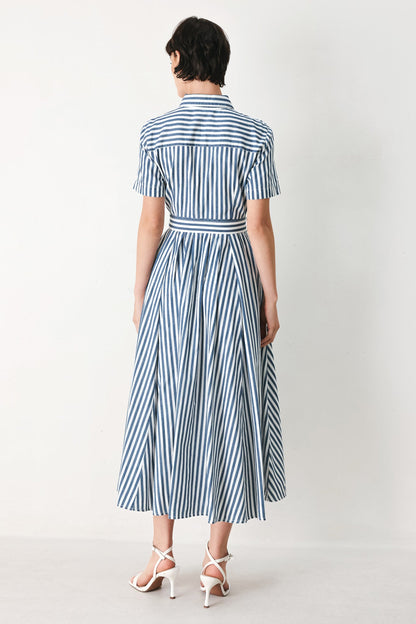 COASTAL MUSE STRIP WOVEN MIDI SHIRT DRESS