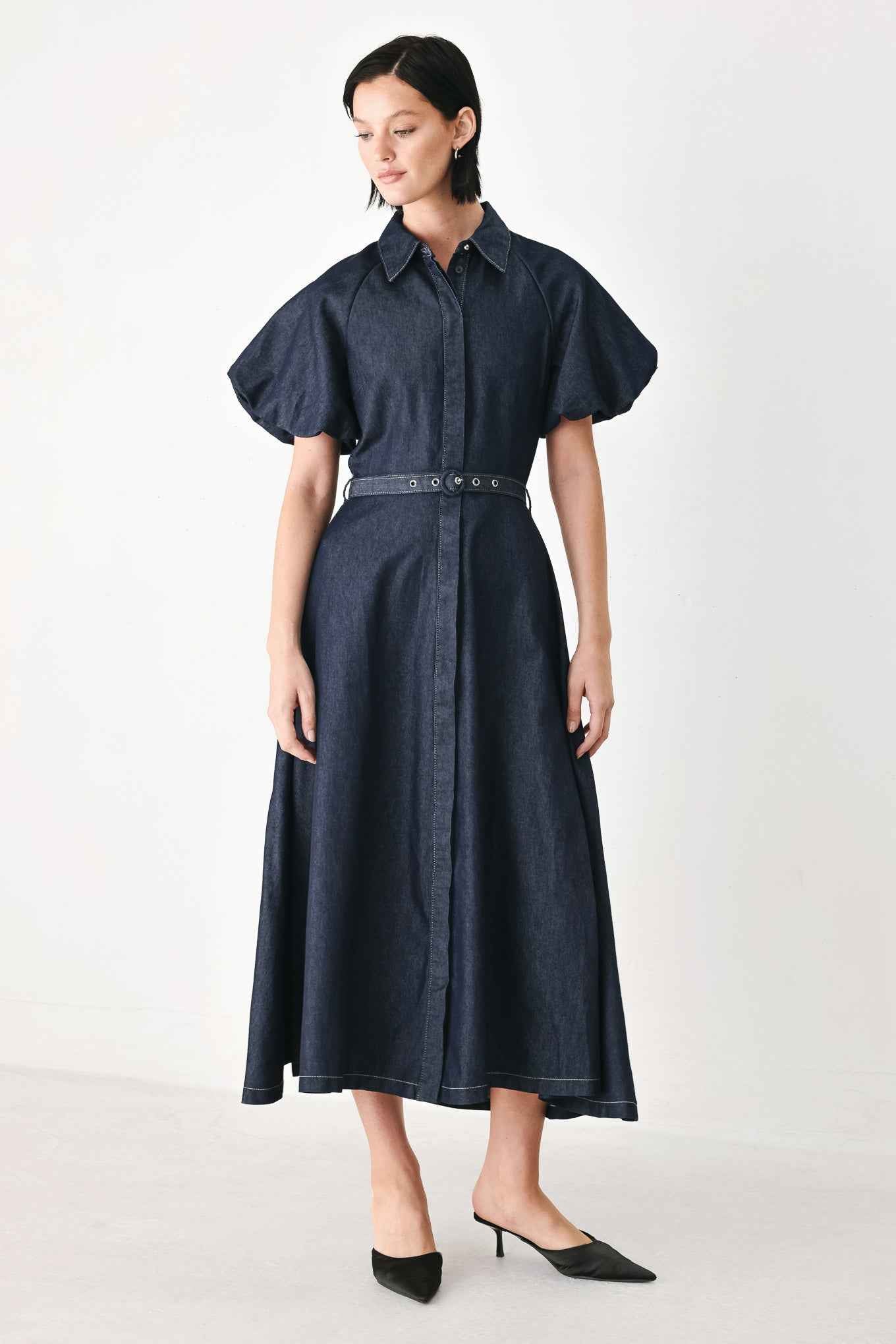 MIDNIGHT IN MANHATTAN DENIM MIDI DRESS