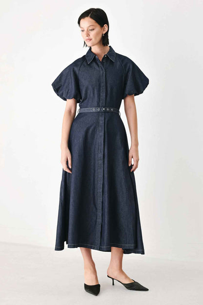 MIDNIGHT IN MANHATTAN DENIM MIDI DRESS