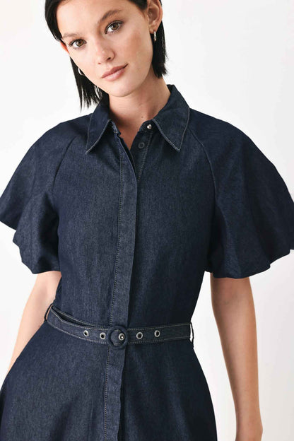 MIDNIGHT IN MANHATTAN DENIM MIDI DRESS