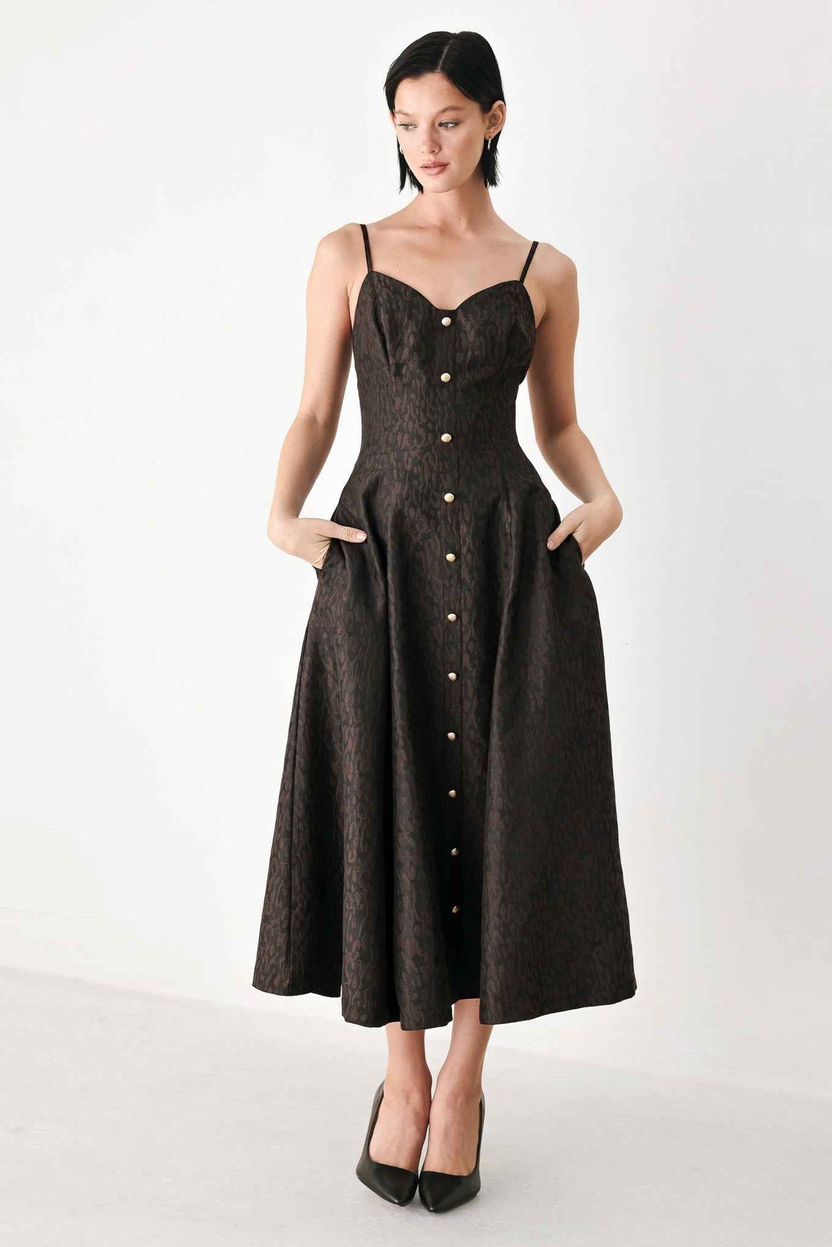 BUTTONED IN CHOCOLATE SWEETHEART MIDI DRESS