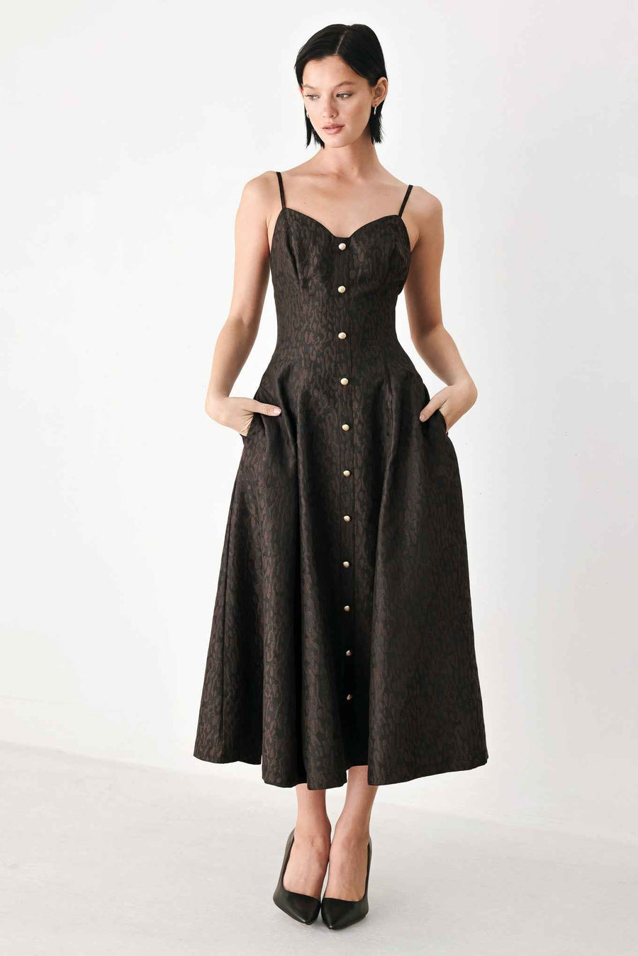 BUTTONED IN CHOCOLATE SWEETHEART MIDI DRESS