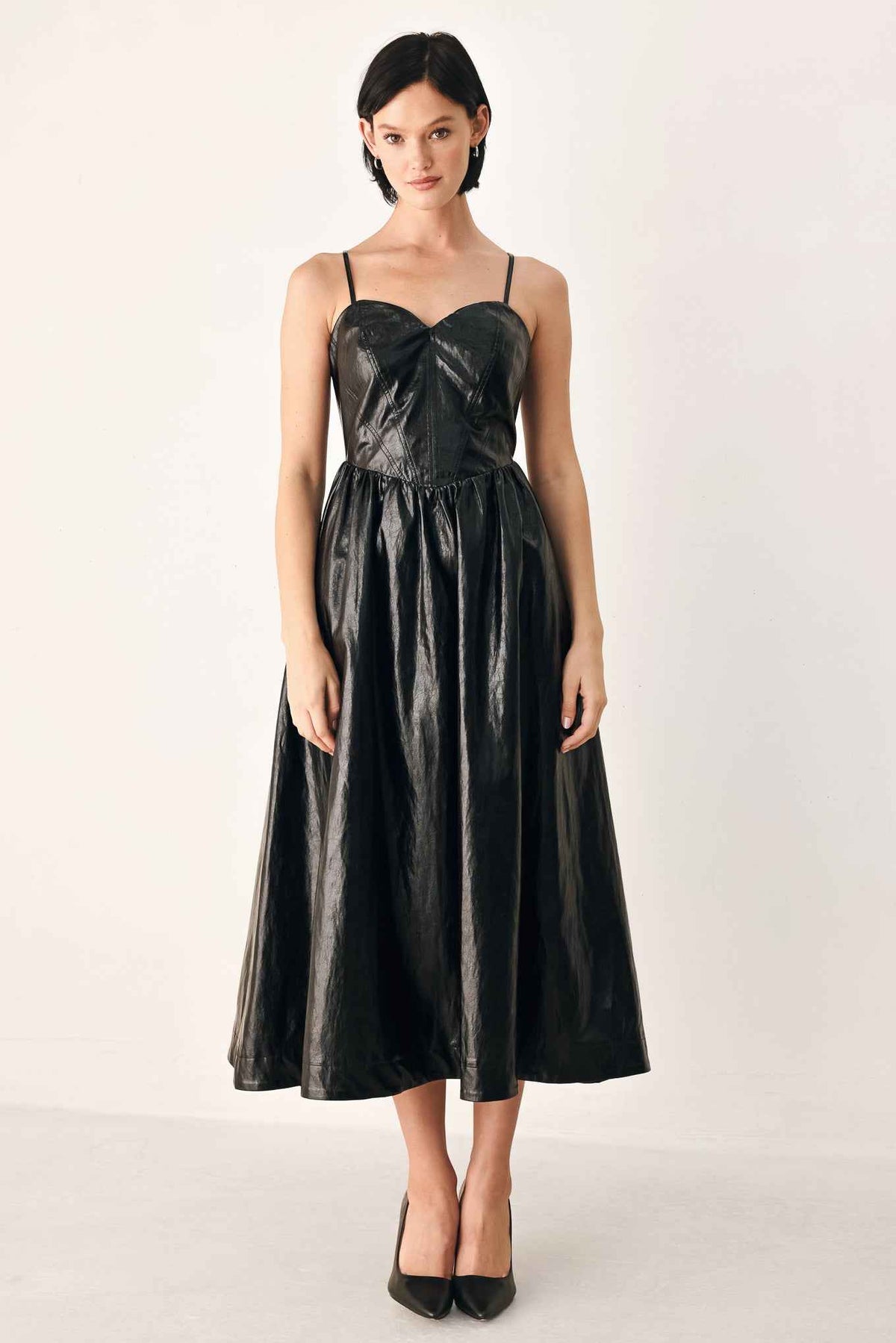 DRESSED TO THRILL FAUX LEATHER MIDI DRESS