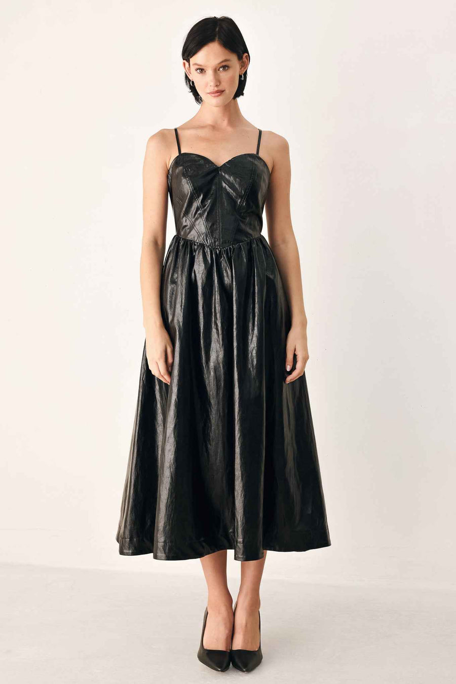 DRESSED TO THRILL FAUX LEATHER MIDI DRESS