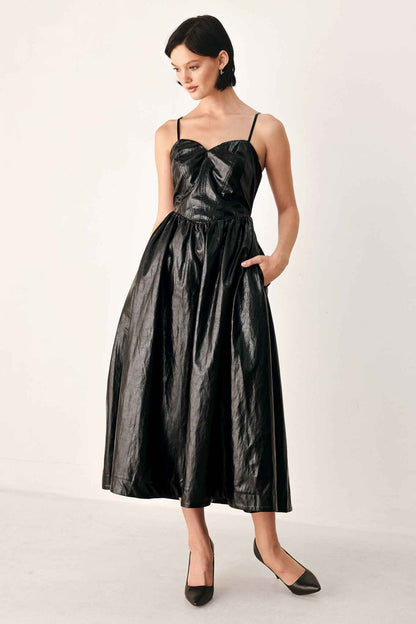 DRESSED TO THRILL FAUX LEATHER MIDI DRESS