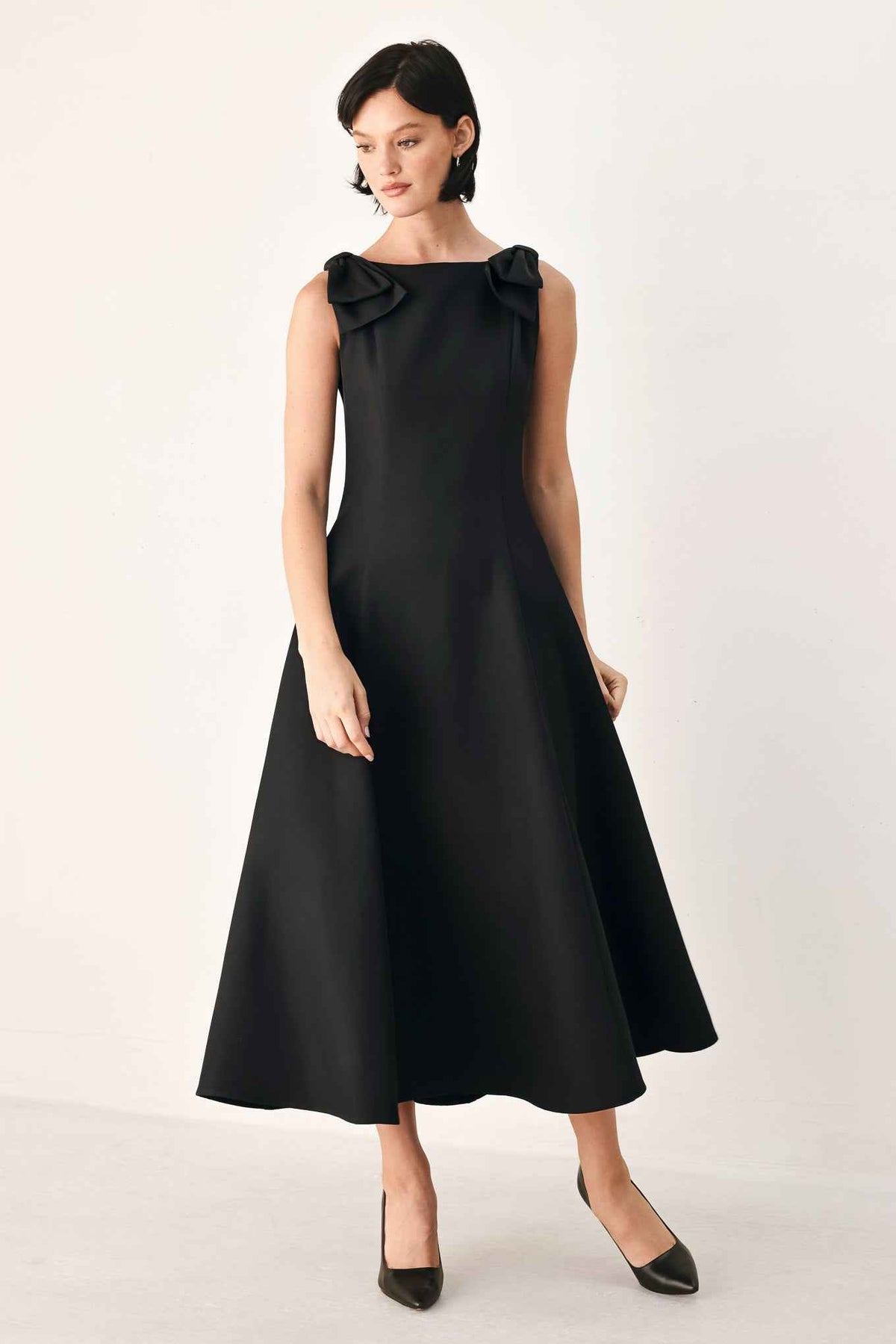 TIED TO TONIGHT BOW SHOULDER MIDI DRESS