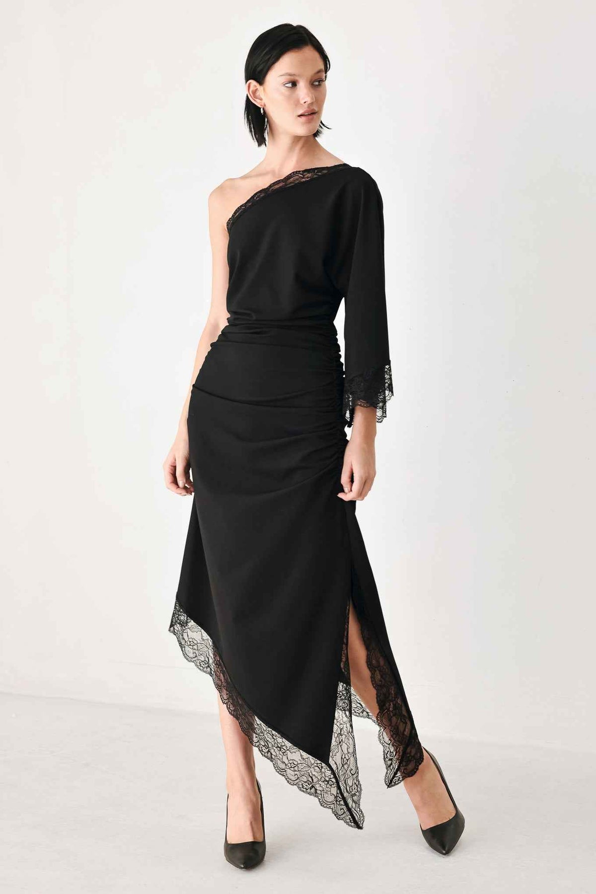 AFTER HOURS LACE TRIM ASYMMETRIC MIDI DRESS