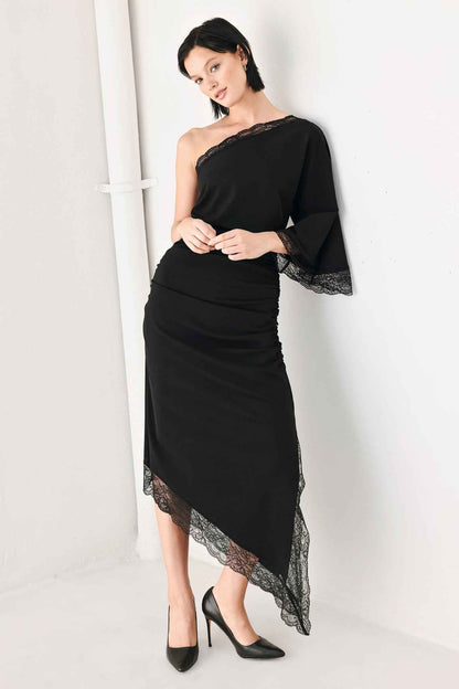 AFTER HOURS LACE TRIM ASYMMETRIC MIDI DRESS