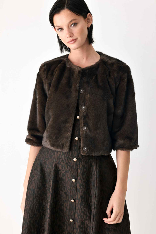 COCOON CHARM BROWN FAUX FUR CROPPED JACKET