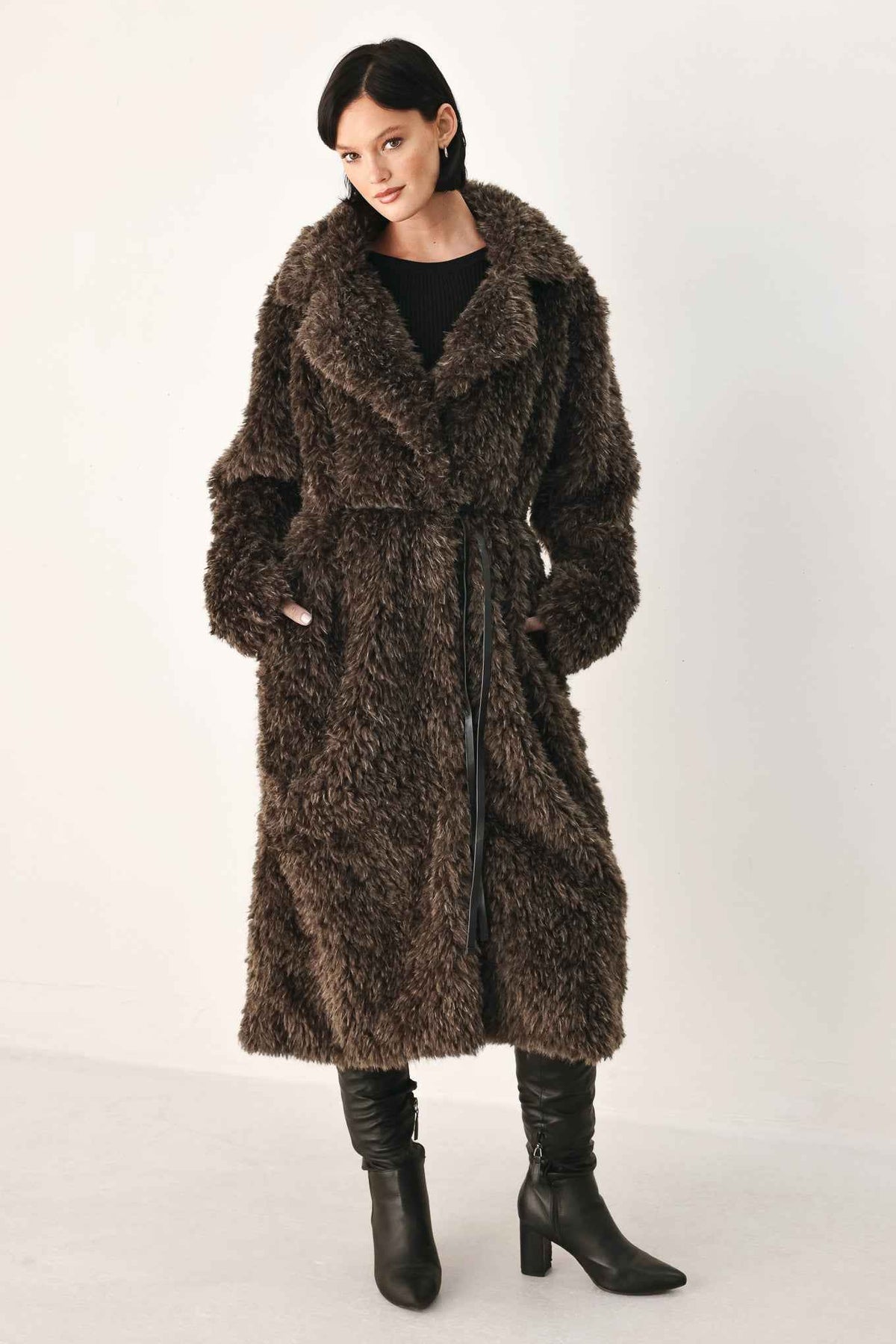 COZY IN THE CITY BELTED FAUX FUR MIDI COAT
