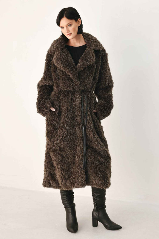 COZY IN THE CITY BELTED FAUX FUR MIDI COAT