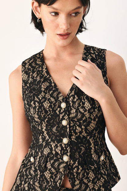 LACE THEORY BLACK/CAMEL WOVEN VEST