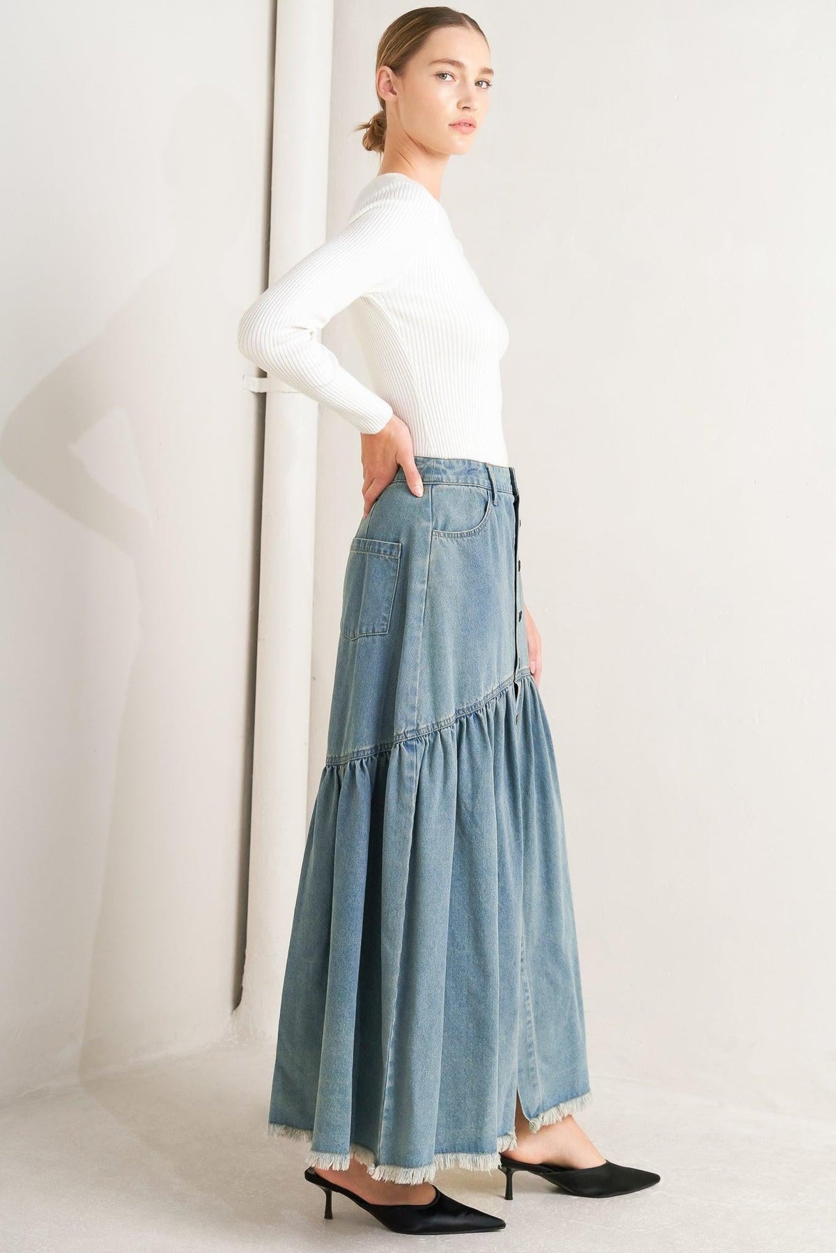 INTRICATE CHARM DENIM MIDI SKIRT