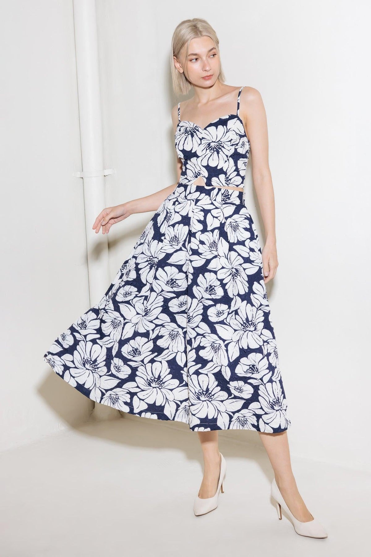 PLAIN OPTIMISM NAVY WOVEN MIDI SKIRT