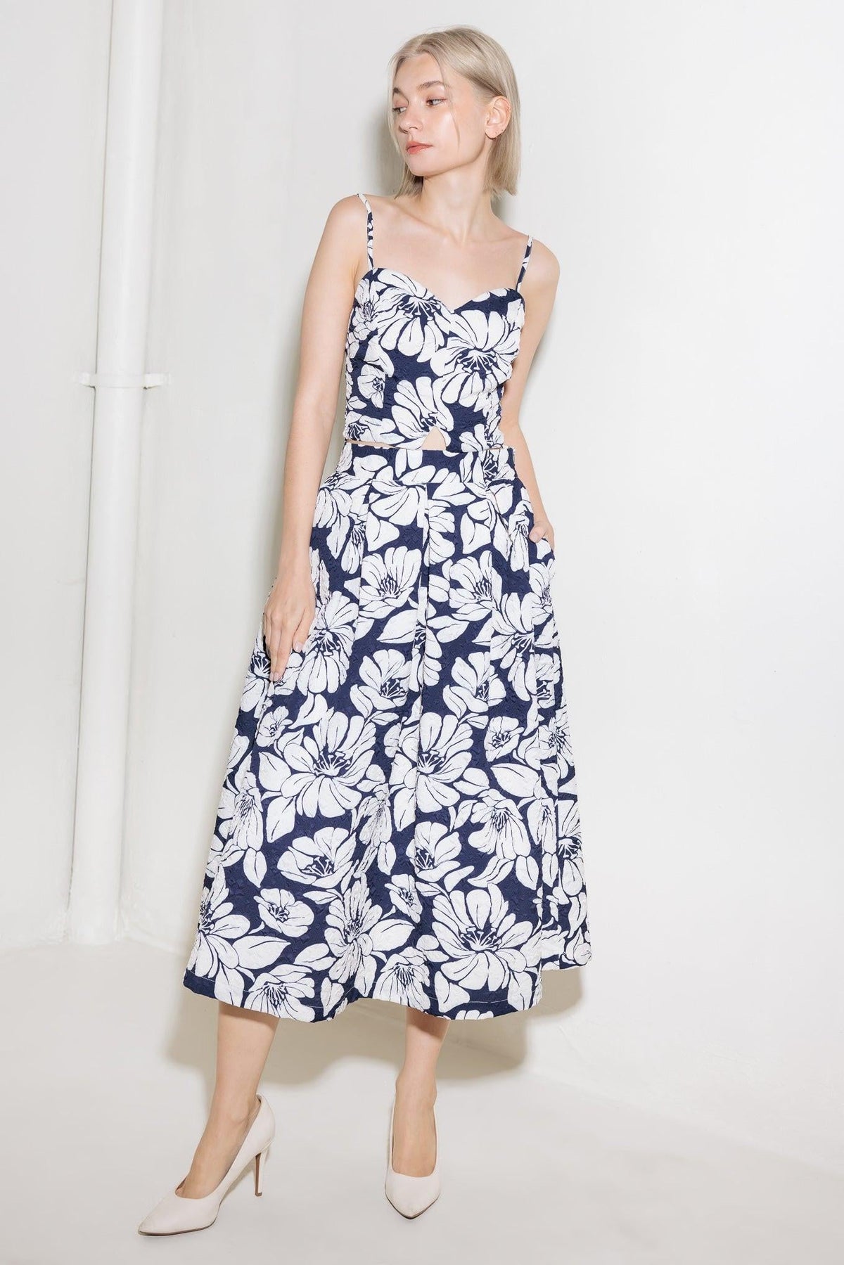 PLAIN OPTIMISM NAVY WOVEN MIDI SKIRT