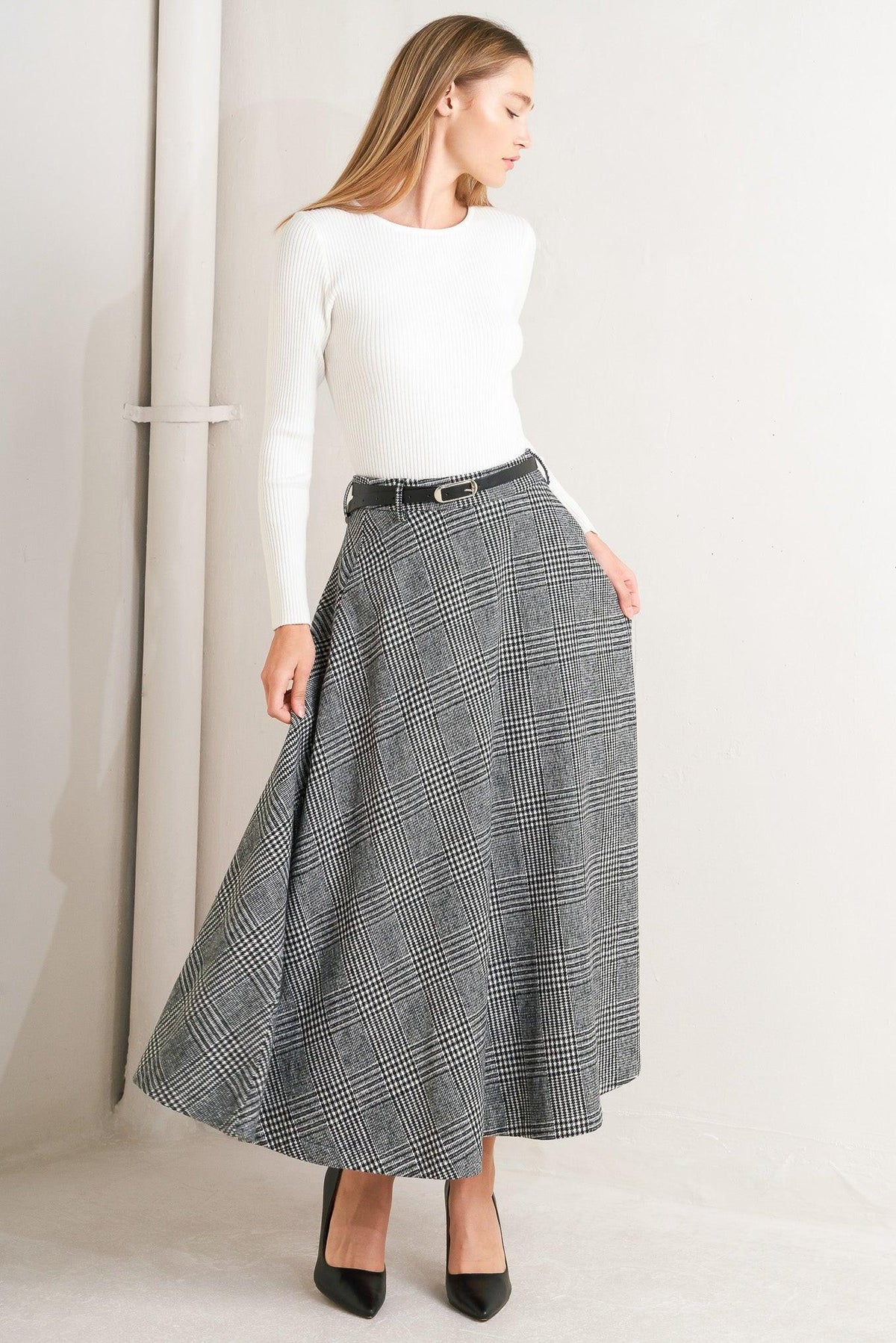 CITY CHECKLINE WOOLEN WOVEN MIDI SKIRT
