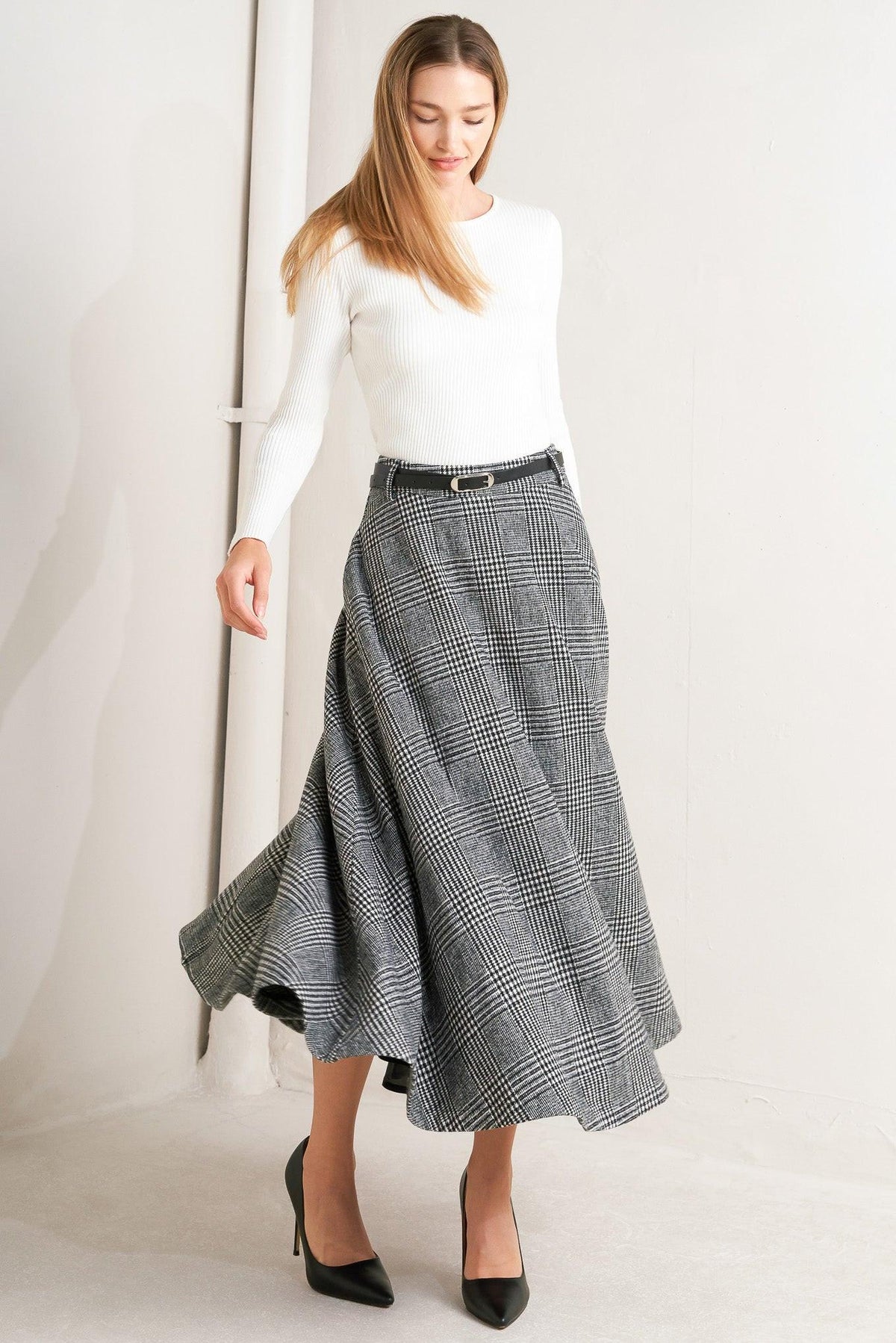 CITY CHECKLINE WOOLEN WOVEN MIDI SKIRT