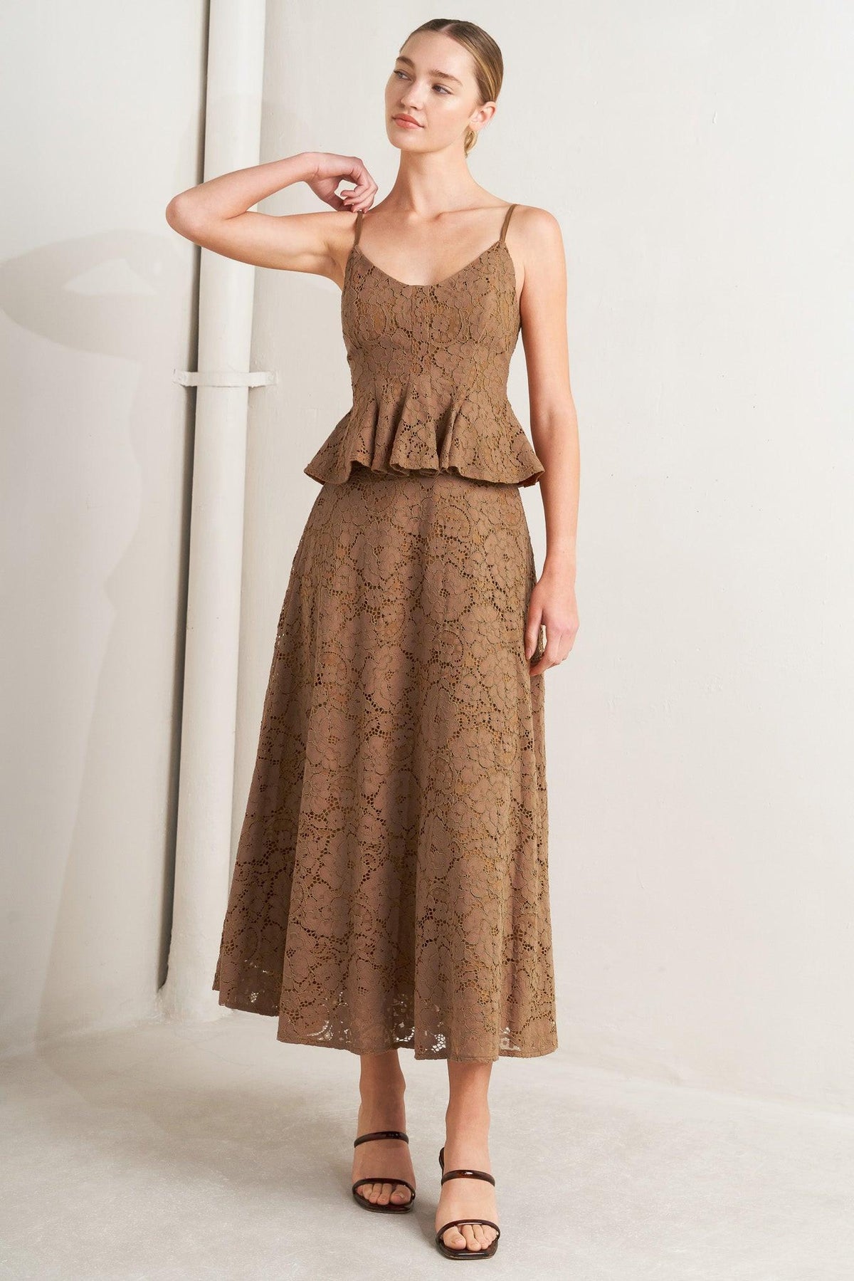 PURELY ROMANTIC WOVEN LACE MIDI SKIRT