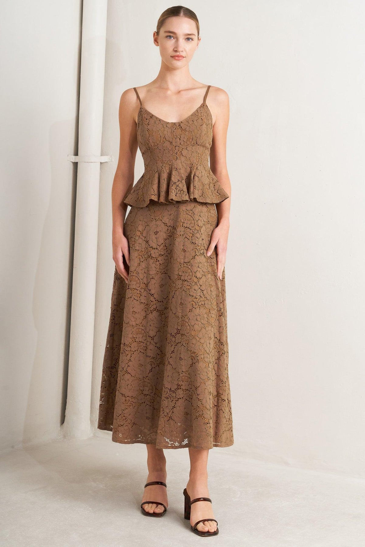 PURELY ROMANTIC WOVEN LACE MIDI SKIRT
