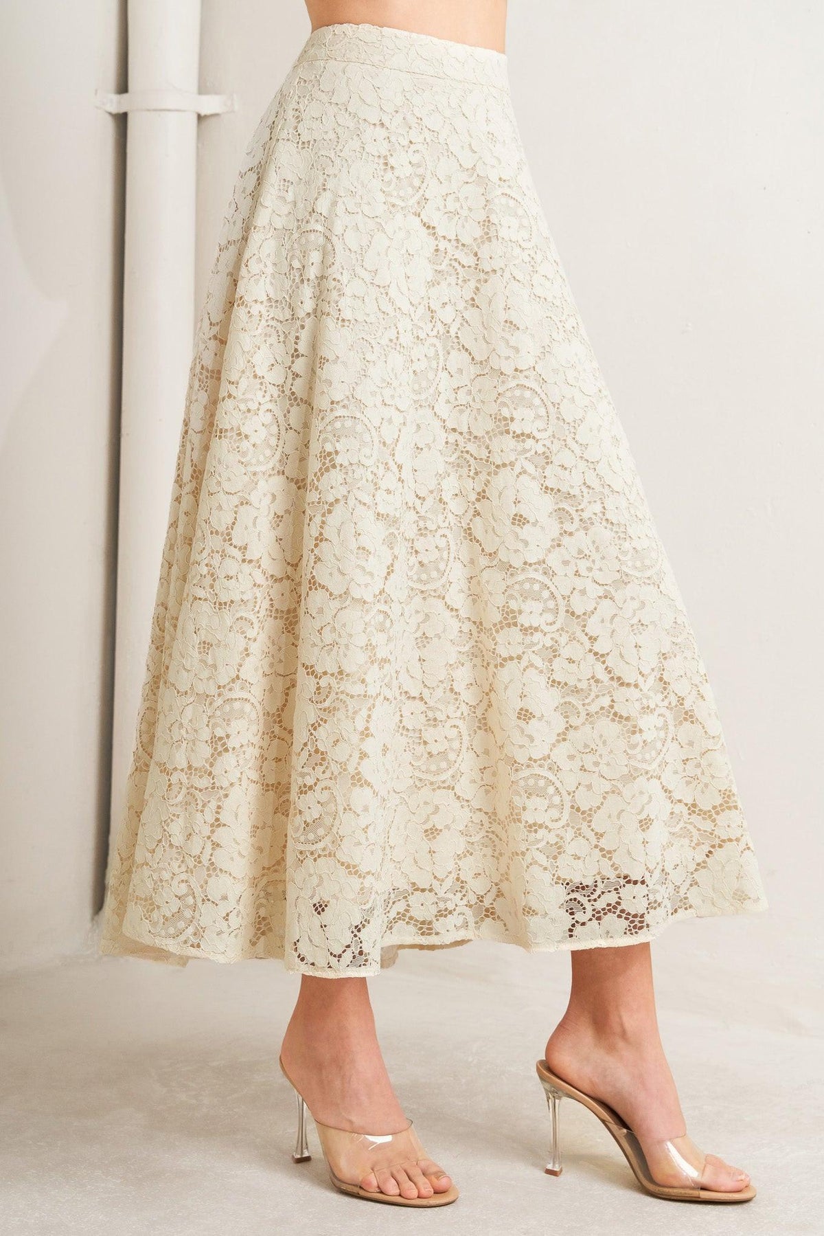 PURELY ROMANTIC WOVEN LACE MIDI SKIRT