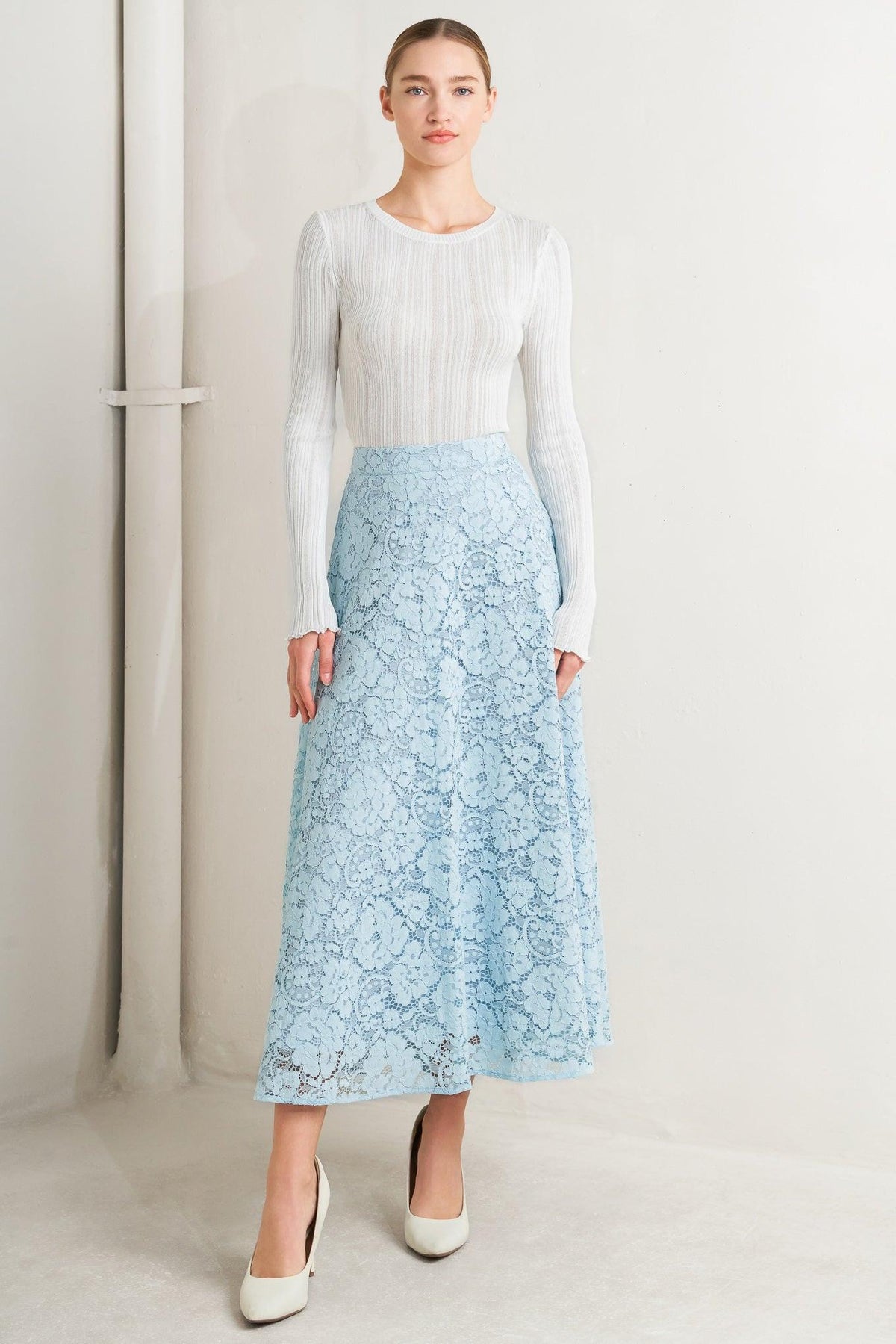 PURELY ROMANTIC WOVEN LACE MIDI SKIRT