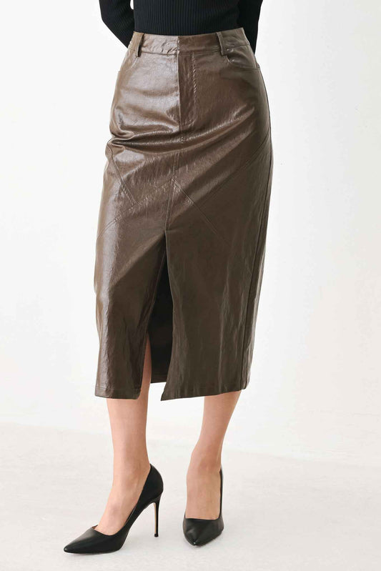 STONE LEATHER COLUMN FAUX LEATHER PENCIL SKIRT