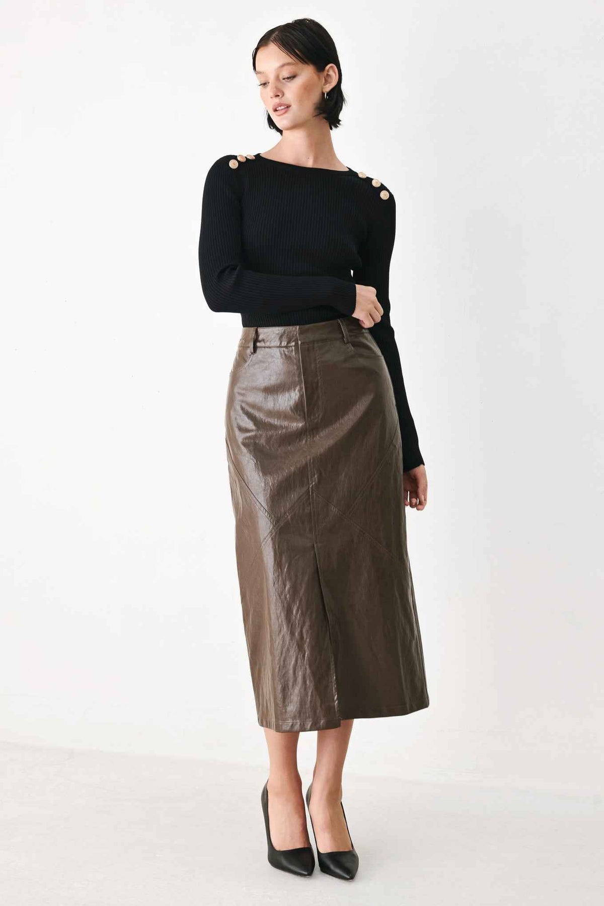 STONE LEATHER COLUMN FAUX LEATHER PENCIL SKIRT