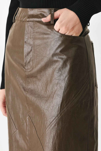 STONE LEATHER COLUMN FAUX LEATHER PENCIL SKIRT