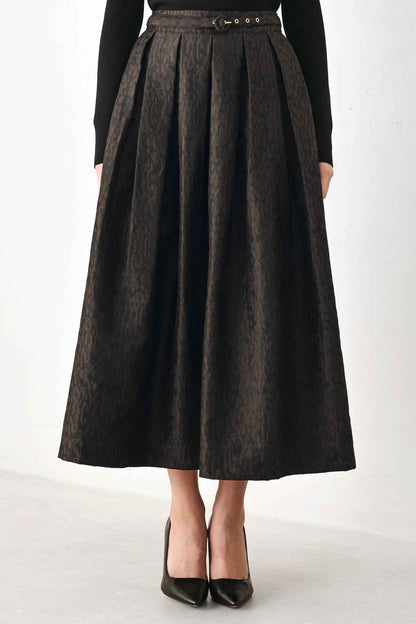 AUTUMN ELEGANCE BROWN TEXTURED BELTED MIDI SKIRT