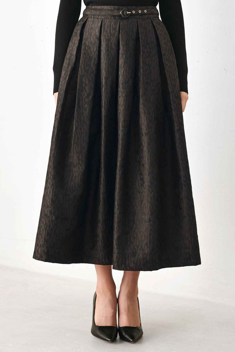 AUTUMN ELEGANCE BROWN TEXTURED BELTED MIDI SKIRT