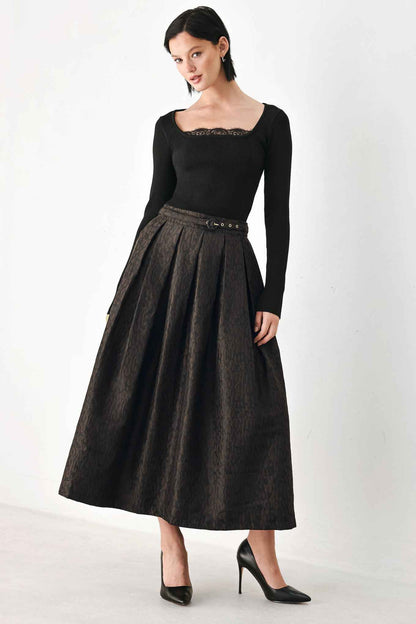 AUTUMN ELEGANCE BROWN TEXTURED BELTED MIDI SKIRT