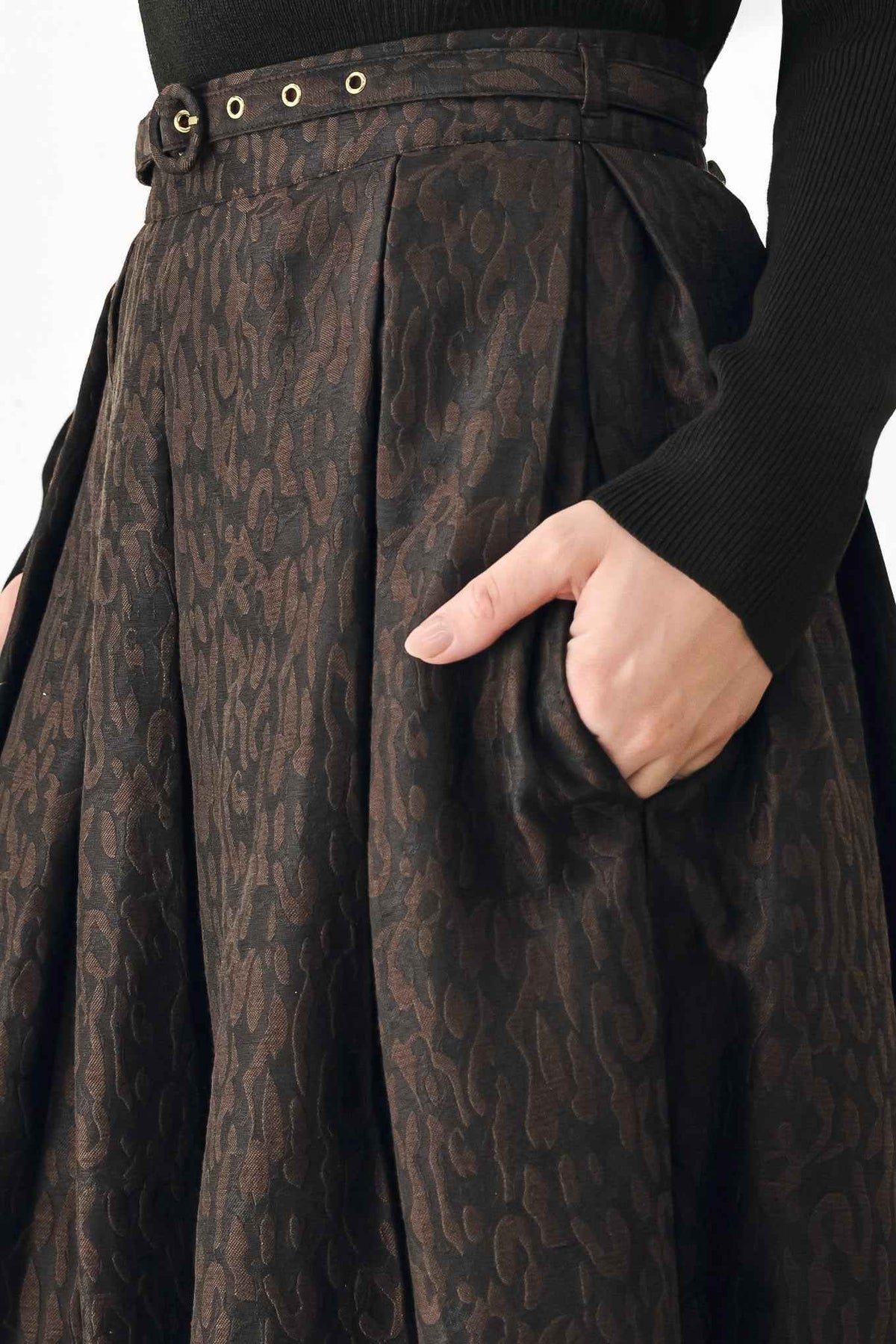 AUTUMN ELEGANCE BROWN TEXTURED BELTED MIDI SKIRT