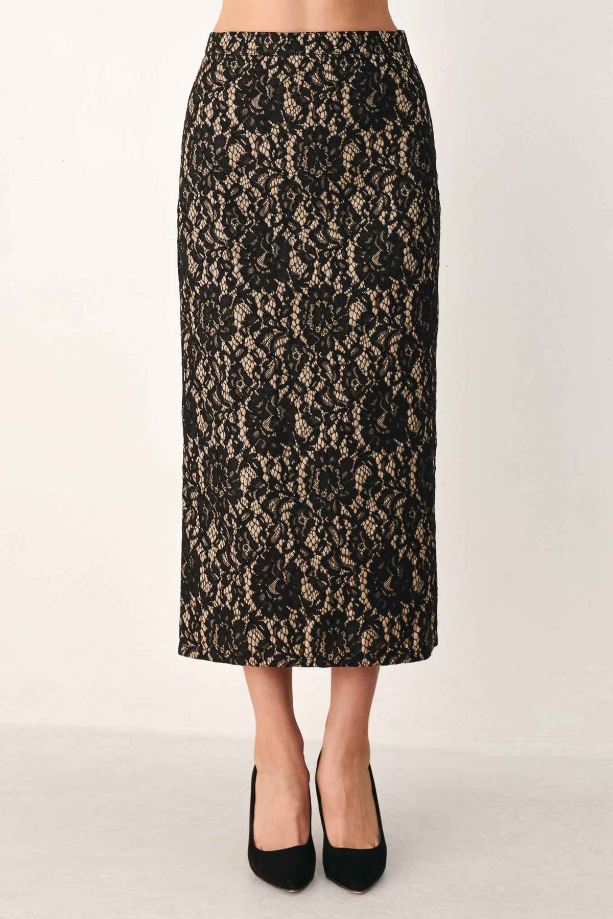 LACE THEORY BLACK LACE PENCIL MIDI SKIRT