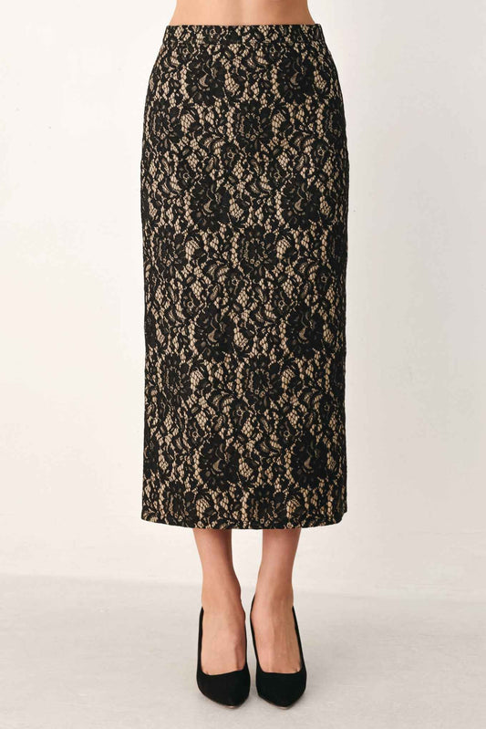 LACE THEORY BLACK LACE PENCIL MIDI SKIRT