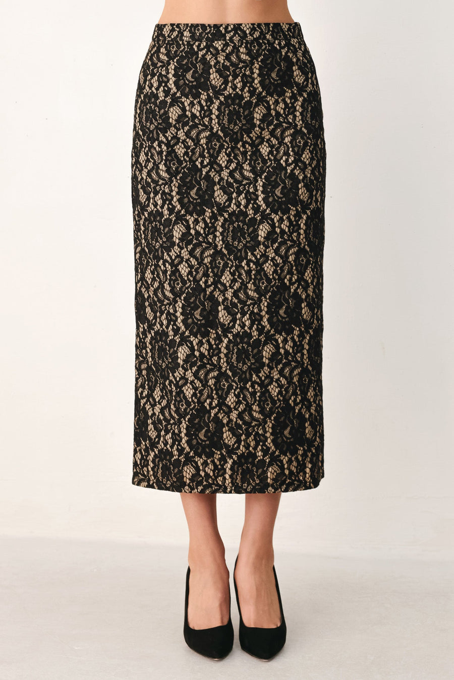 LACE THEORY BLACK LACE PENCIL MIDI SKIRT