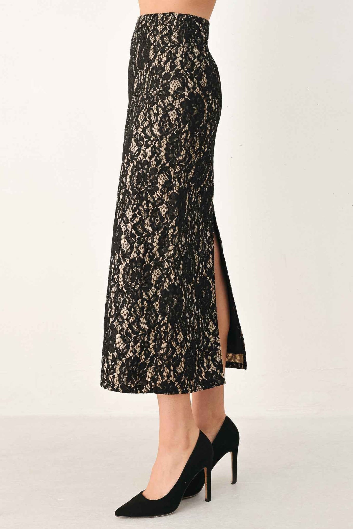 LACE THEORY BLACK LACE PENCIL MIDI SKIRT