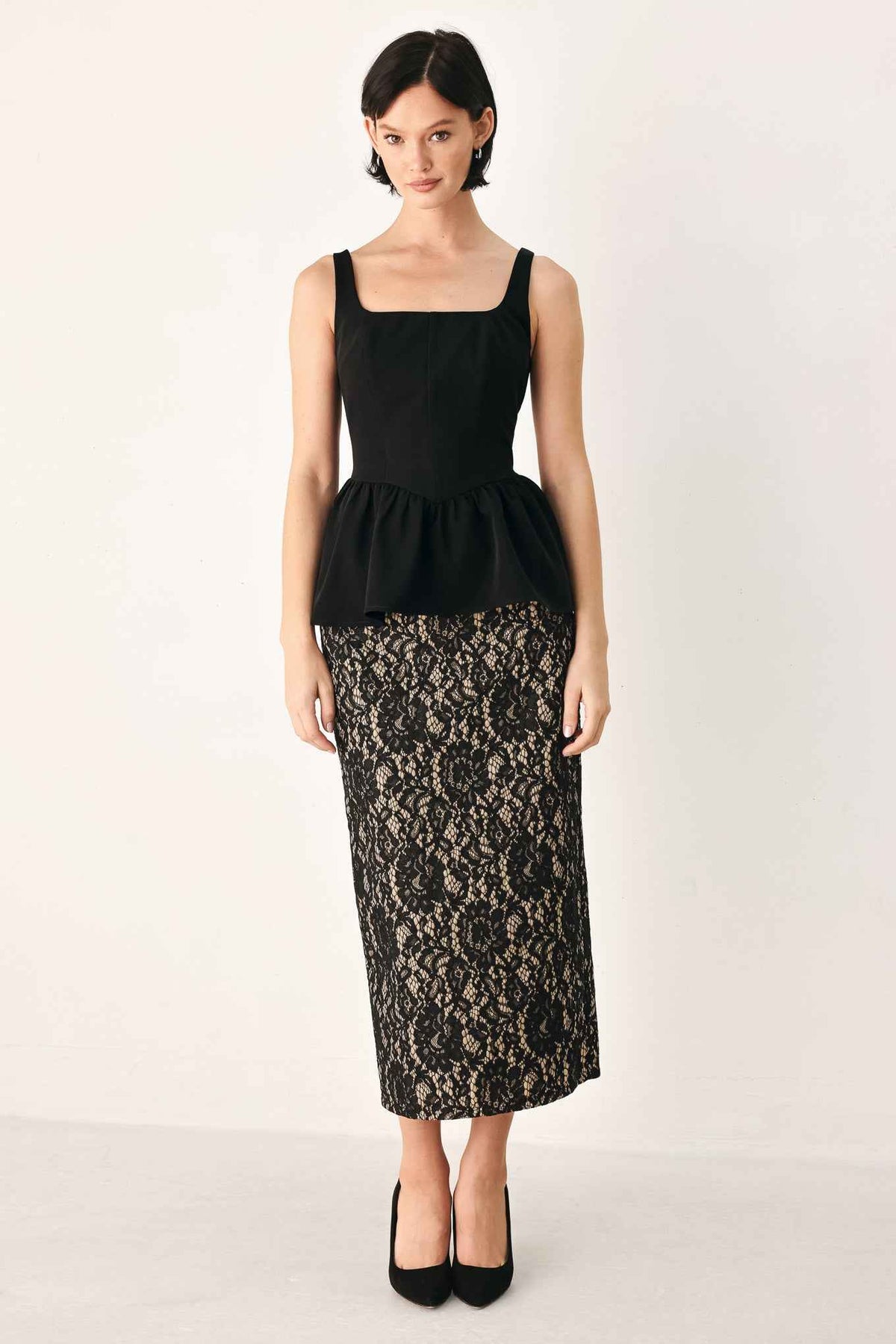 LACE THEORY BLACK LACE PENCIL MIDI SKIRT