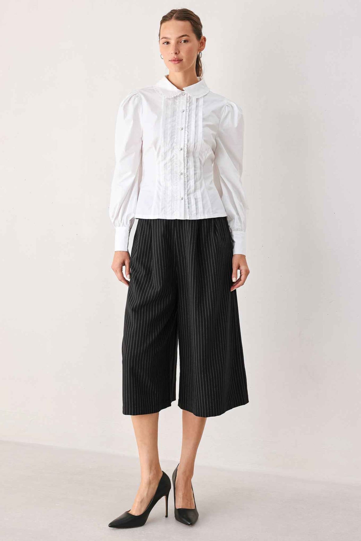 PARK AVENUE PINSTRIPE WOVEN CULOTTE PANTS
