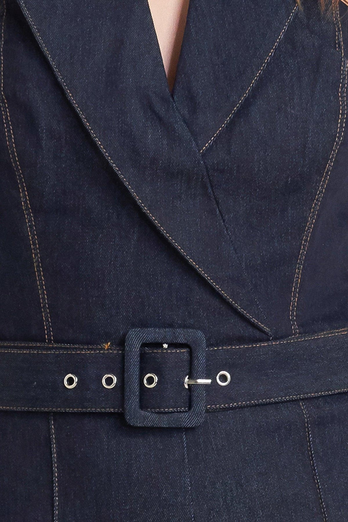 LE BONHEUR V CUT VOW DENIM JUMPSUIT