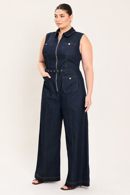 SLEEVELESS WORKWEAR DENIM JUMPSUIT