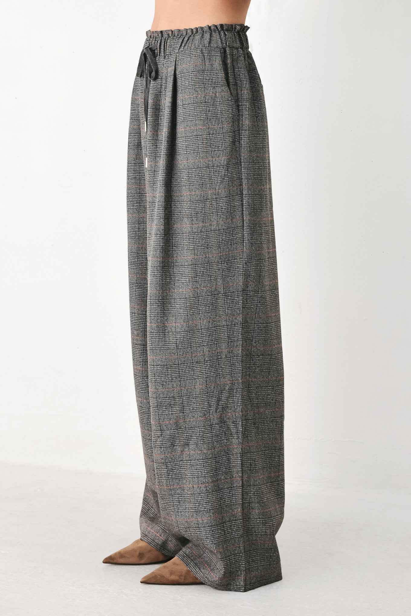 OFF THE CLOCK PLAID DRAWSTRING WIDE LEG PANTS