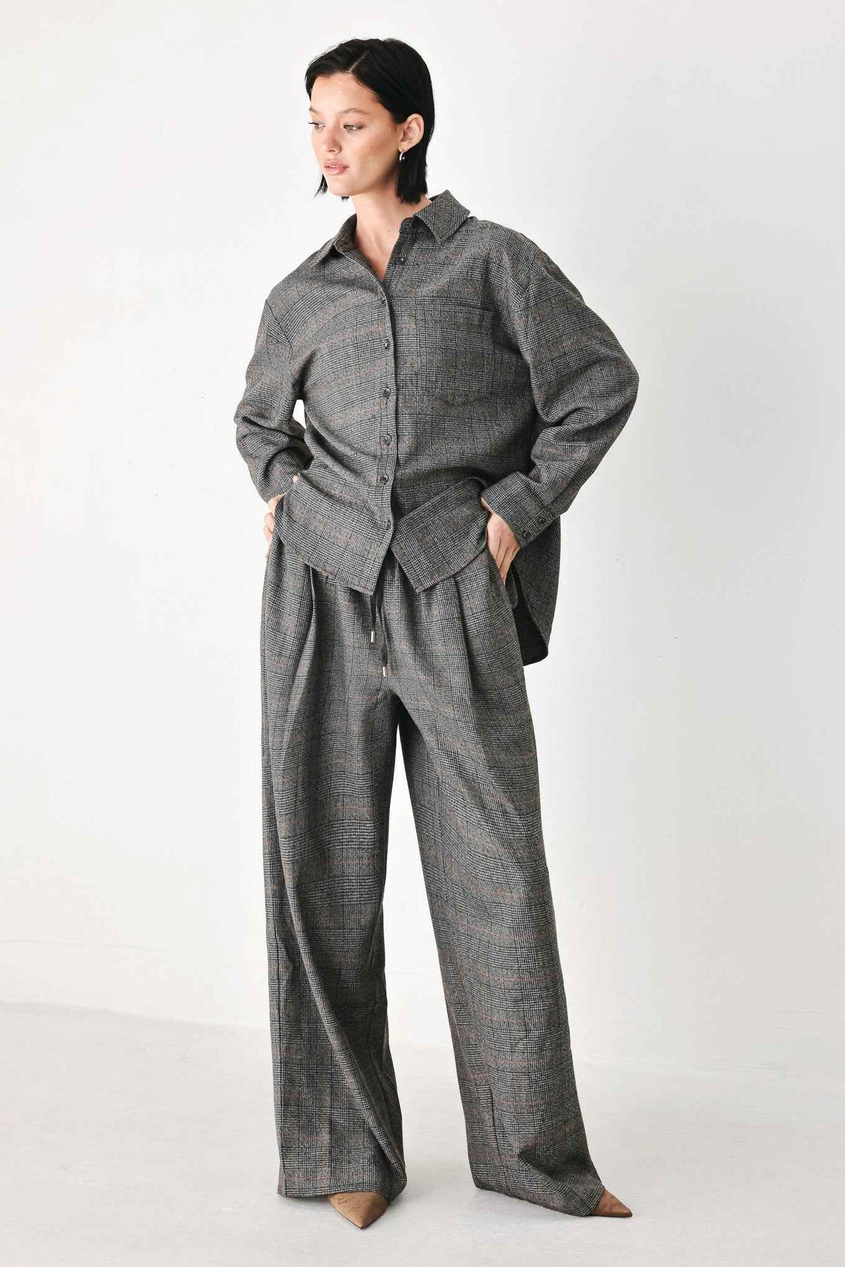 OFF THE CLOCK PLAID DRAWSTRING WIDE LEG PANTS