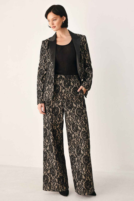 LACE THEORY BLACK/CAMEL LACE WIDE-LEG PANTS