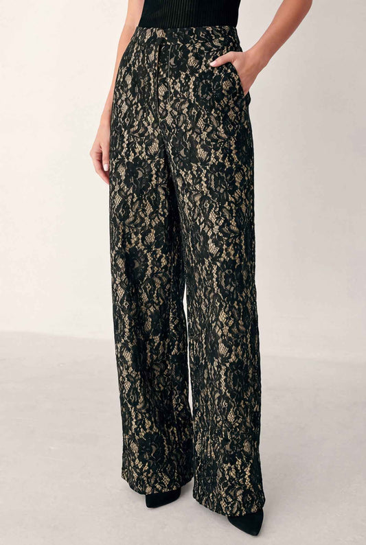 LACE THEORY BLACK/CAMEL LACE WIDE-LEG PANTS