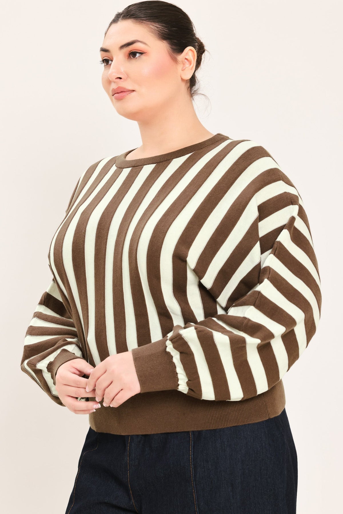 TOP DE PUNTO A RAYAS VERTICALES COLOR CAPPUCCINO