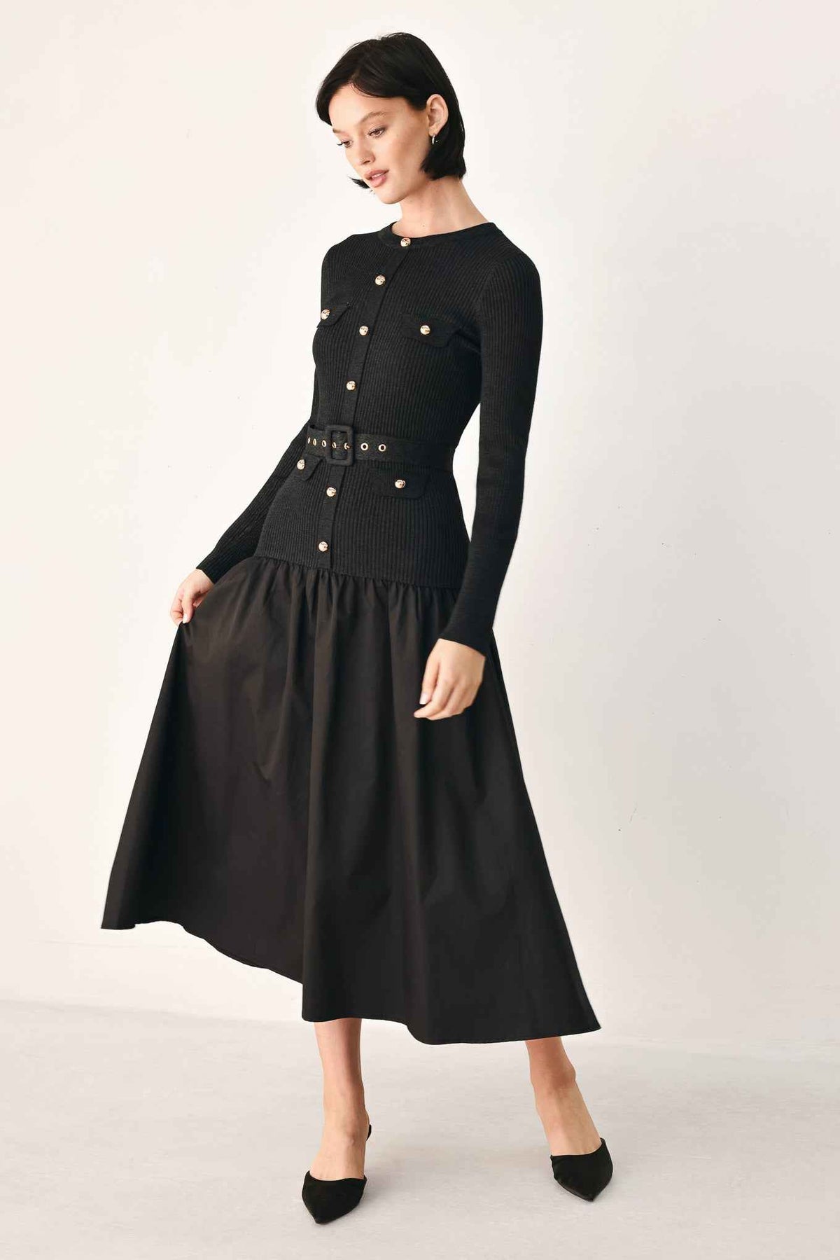 CITY AFTER DARK MIXED MEDIA MIDI DRESS