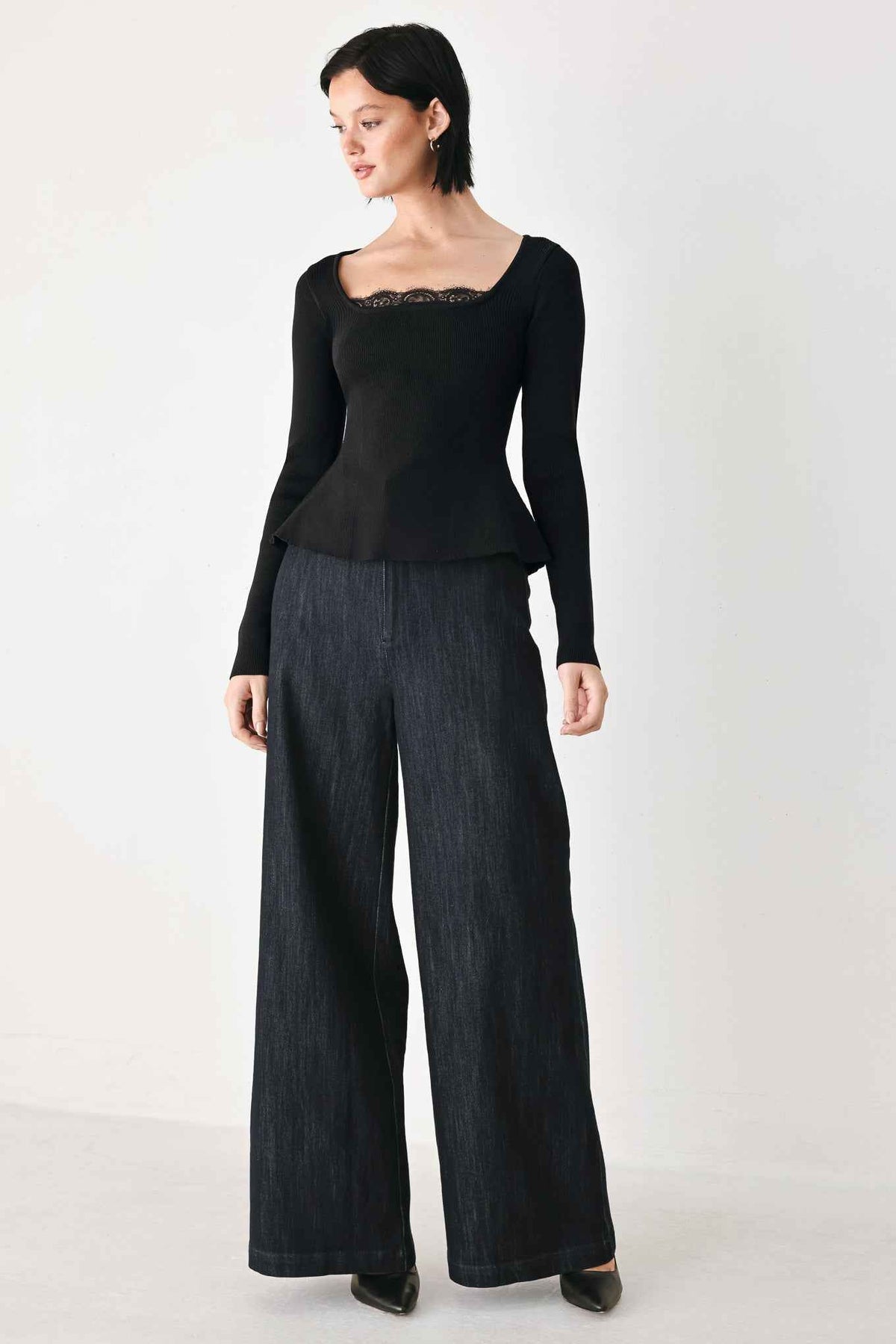 SWEET DEVOTION BLACK LACE-TRIM SQUARE NECK SWEATER