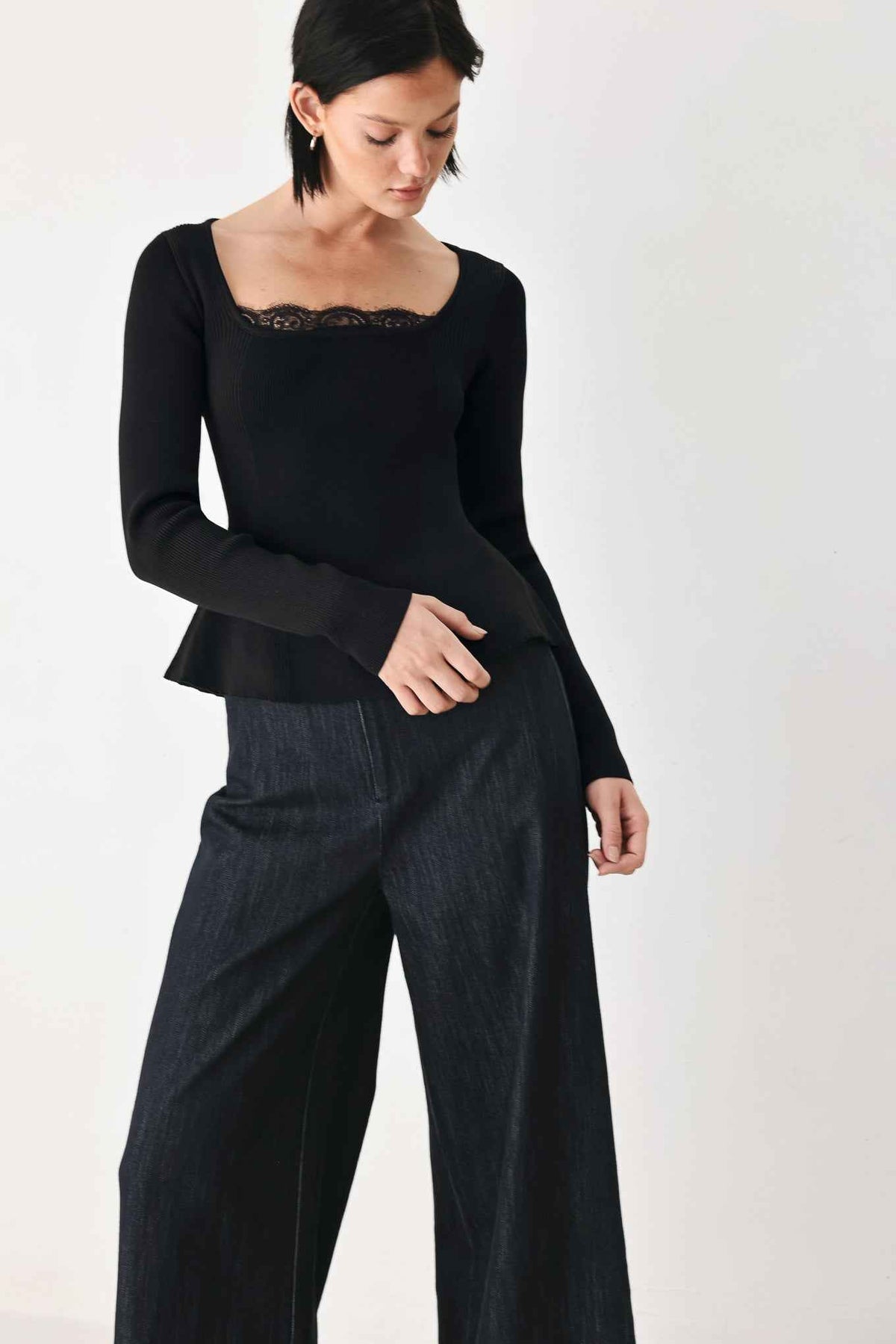 SWEET DEVOTION BLACK LACE-TRIM SQUARE NECK SWEATER