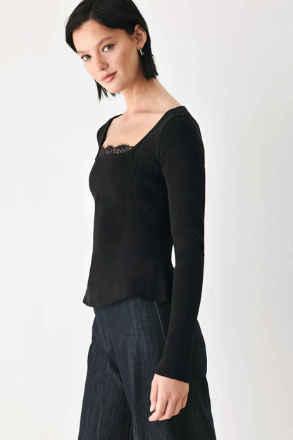 SWEET DEVOTION BLACK LACE-TRIM SQUARE NECK SWEATER